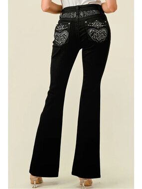 Westfield Eagle Western Black Embroidered Flare Jeans Size 5 Rhinestones Sequins